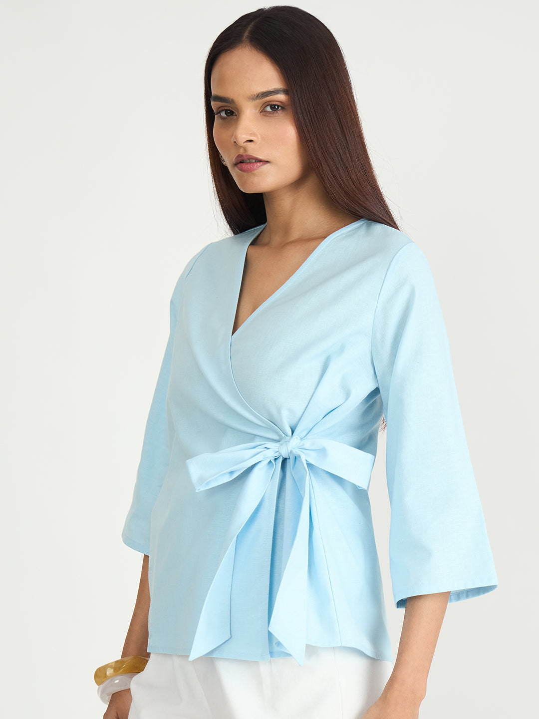 Light Blue Cotton Linen Wrap Top