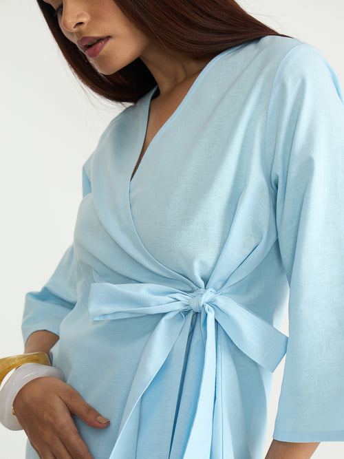 Light Blue Cotton Linen Wrap Top
