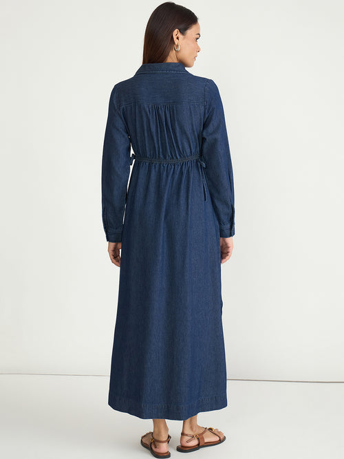 Navy Blue Drawstring Detail Denim Maxi Dress