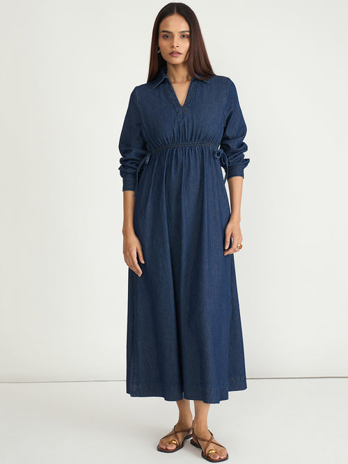 Navy Blue Drawstring Detail Denim Maxi Dress