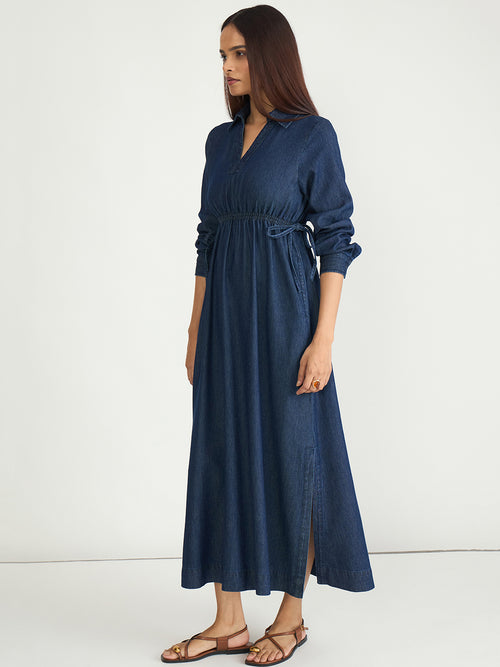 Navy Blue Drawstring Detail Denim Maxi Dress