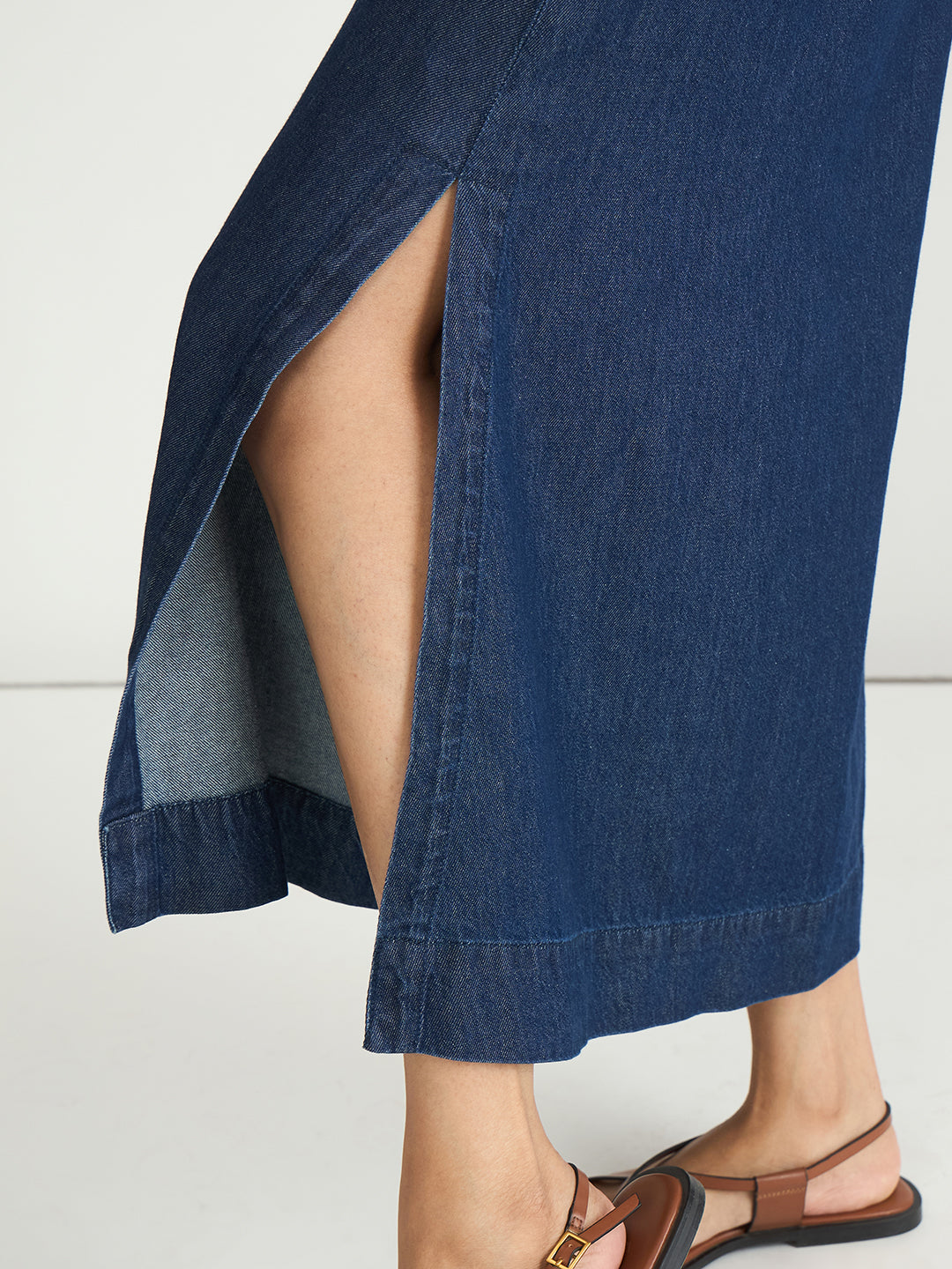 Navy Blue Drawstring Detail Denim Maxi Dress