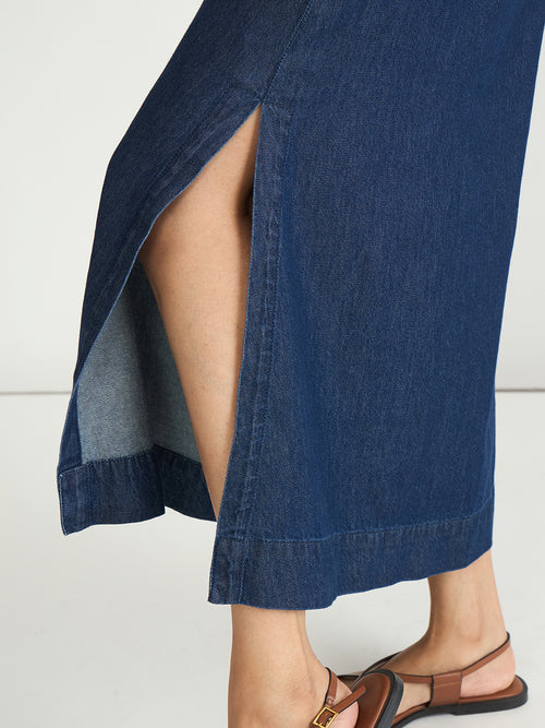 Navy Blue Drawstring Detail Denim Maxi Dress