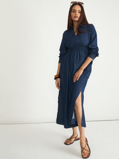 Navy Blue Drawstring Detail Denim Maxi Dress