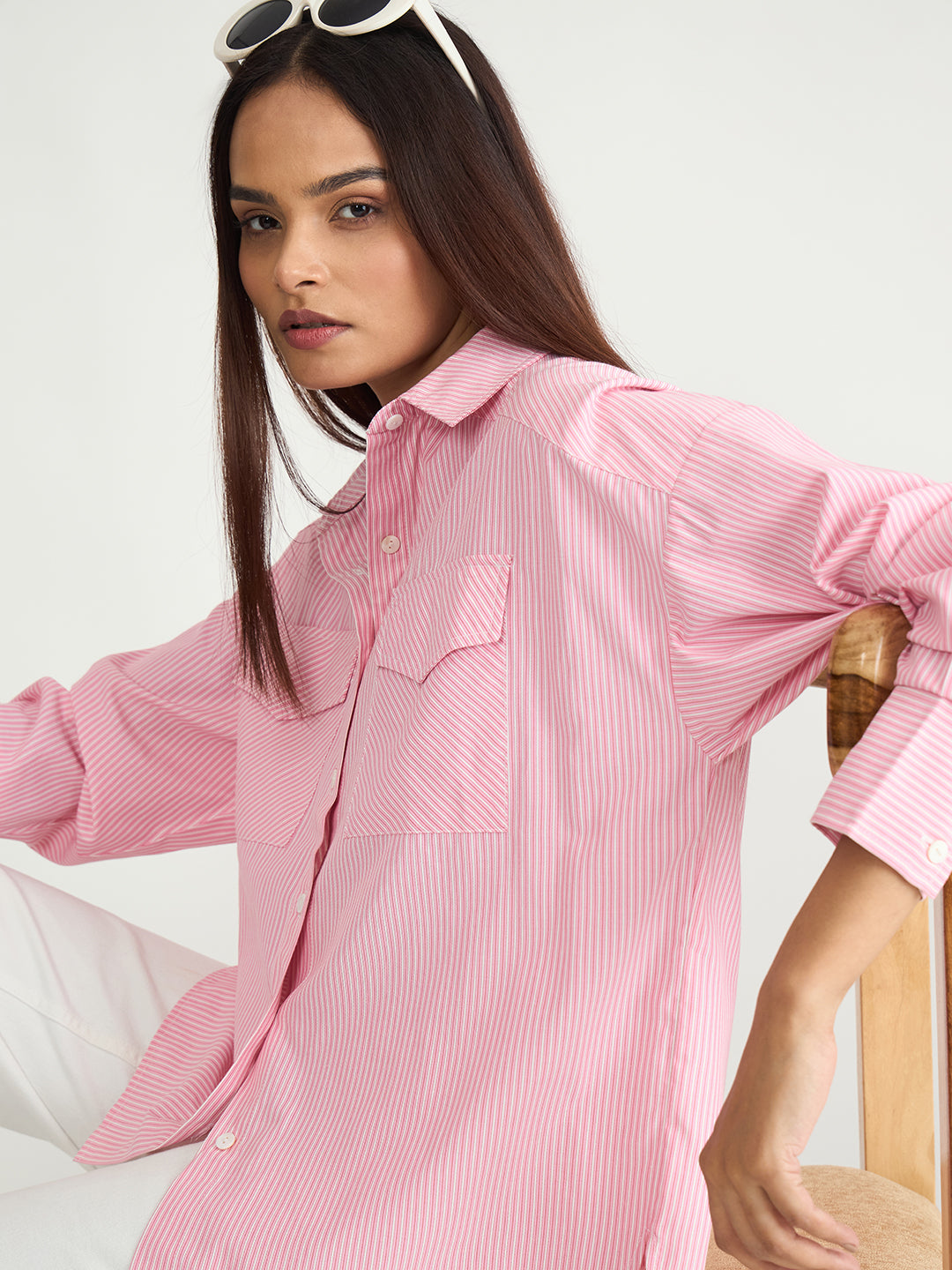 Pink Stripe Dual Pocket Oversized Shirt