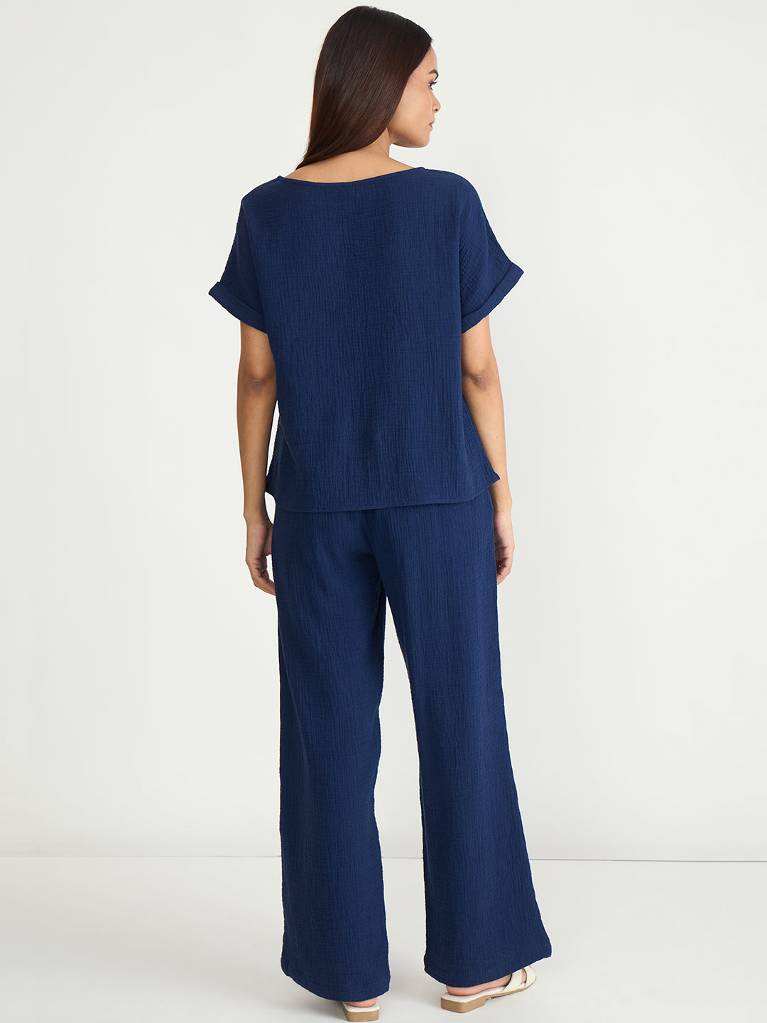 Navy Cotton Gauze Round Neck Co-Ord Set