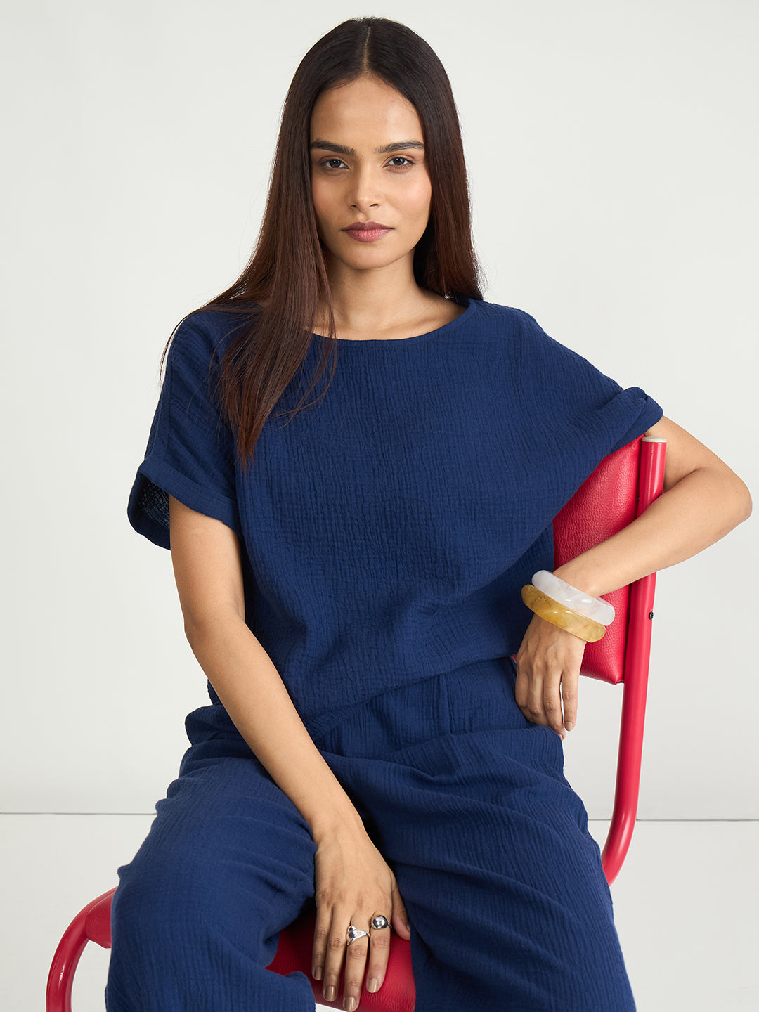 Navy Cotton Gauze Round Neck Co-Ord Set