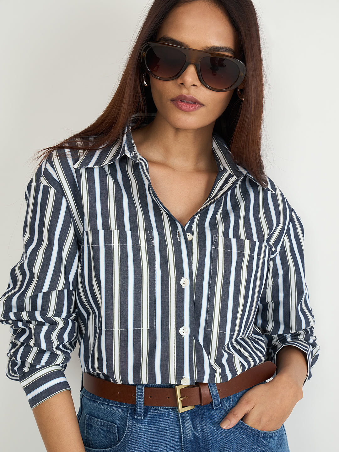 Charcoal Grey Stripe Oversized Shirt