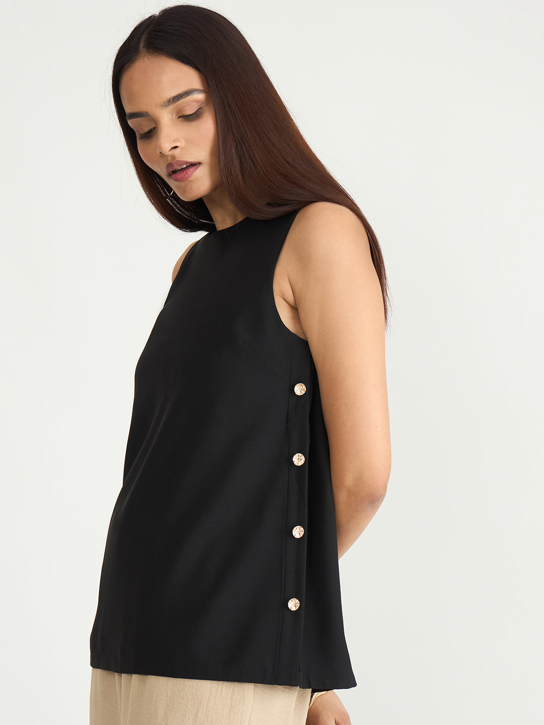 Black Side Button Detail Top