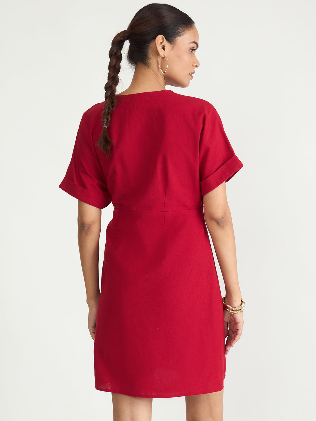 Red Cotton Linen Wrap Mini Dress