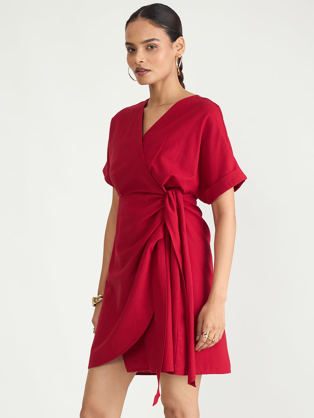 Red Cotton Linen Wrap Mini Dress