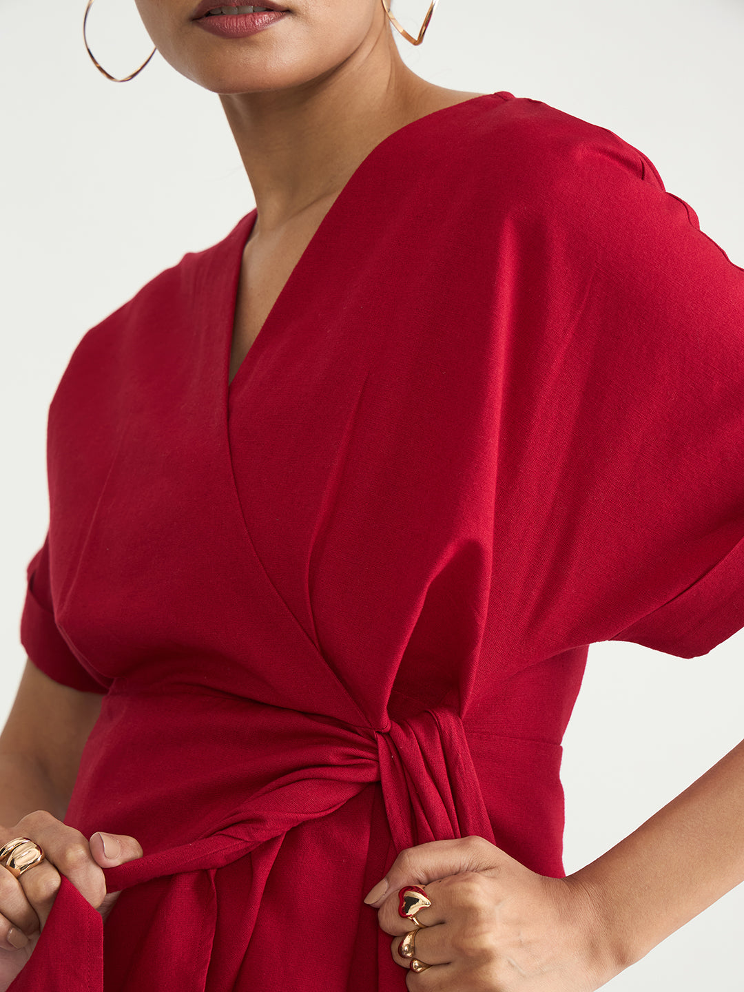 Red Cotton Linen Wrap Mini Dress