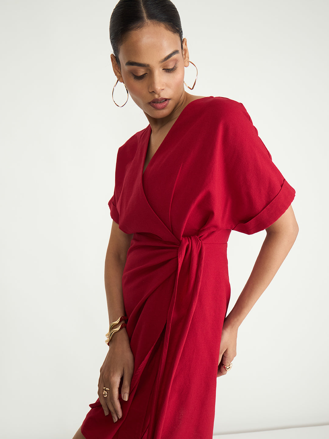 Red Cotton Linen Wrap Mini Dress