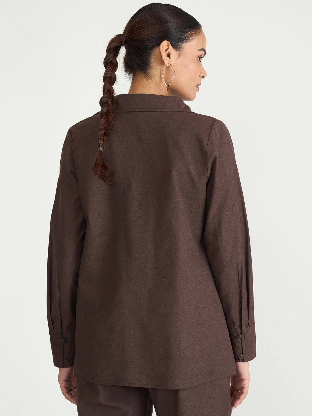 Coffee Brown Cotton Linen Pleat Detail Tunic