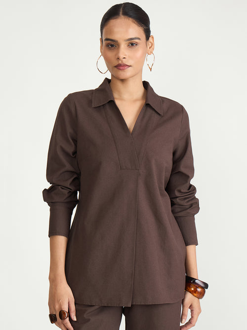 Coffee Brown Cotton Linen Pleat Detail Tunic