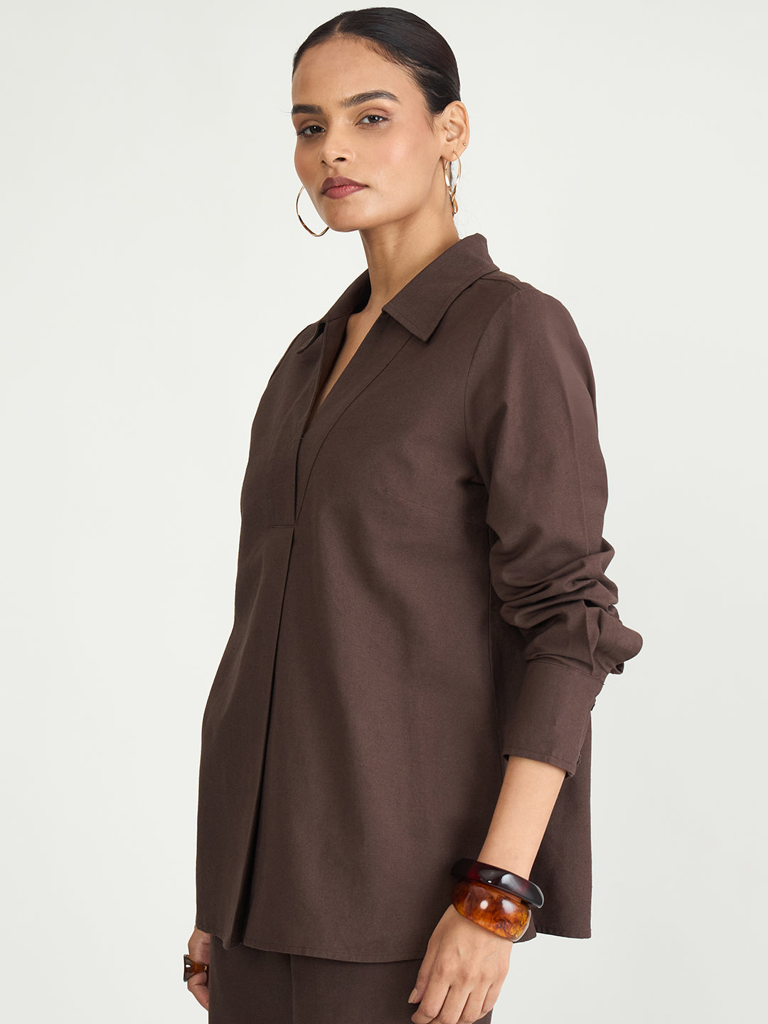 Coffee Brown Cotton Linen Pleat Detail Tunic