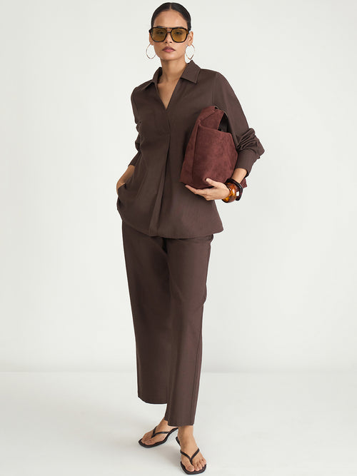 Coffee Brown Cotton Linen Pleat Detail Tunic