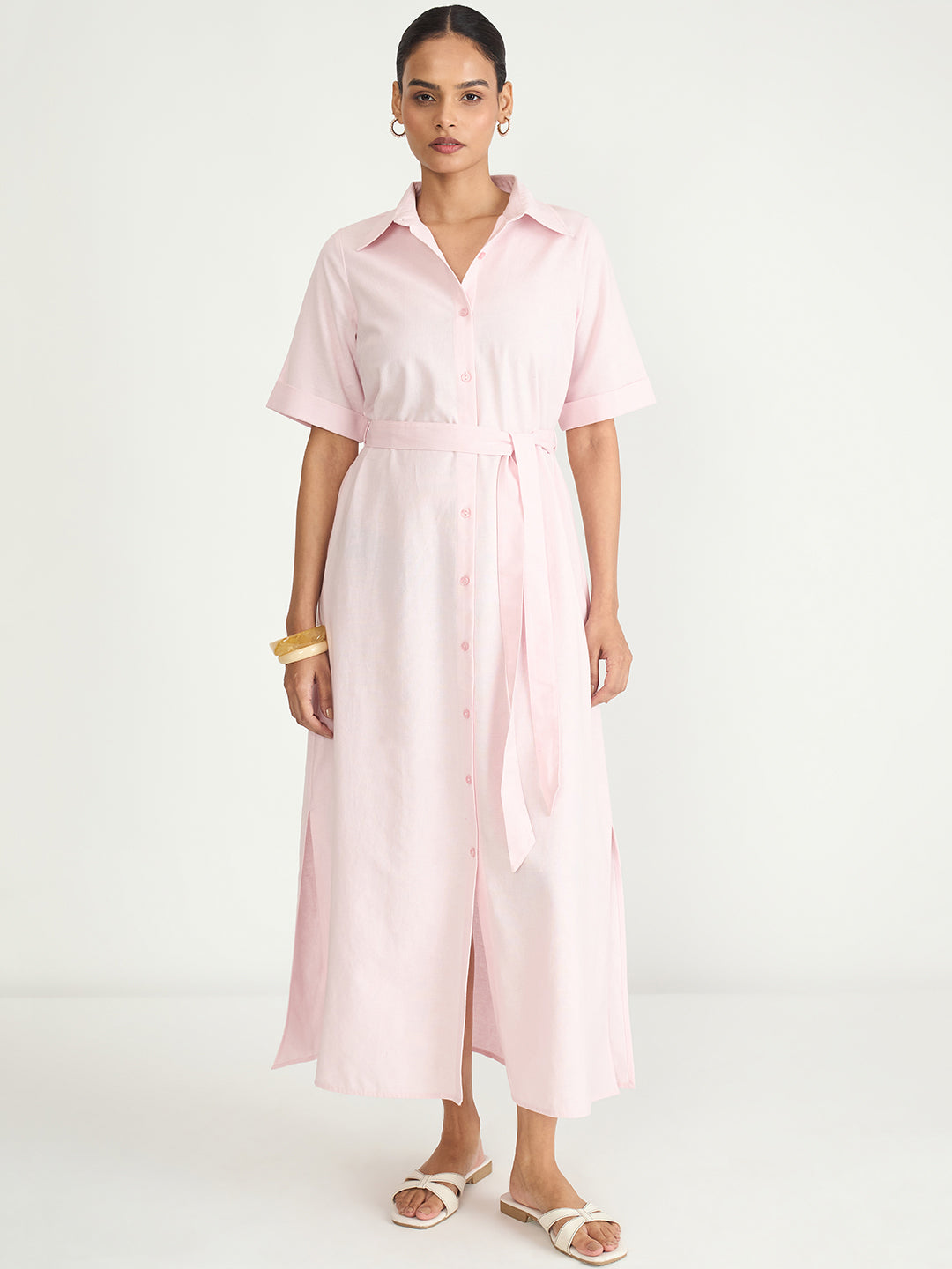 LinenLite Powder Pink Maxi Shirt Dress