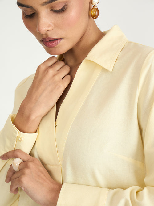Butter Yellow Cotton Linen Pleat Detail Tunic