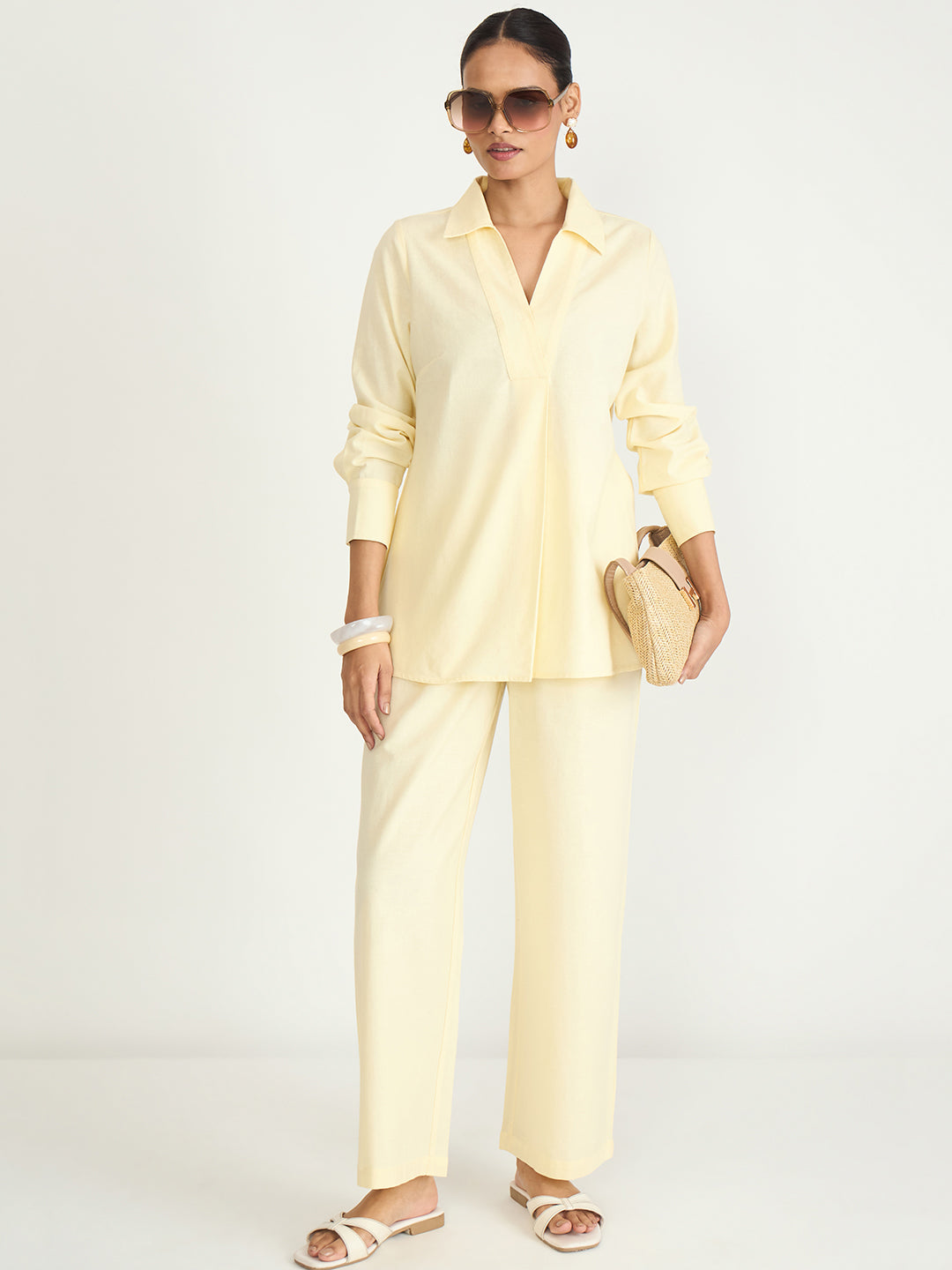 Butter Yellow Cotton Linen Pleat Detail Tunic