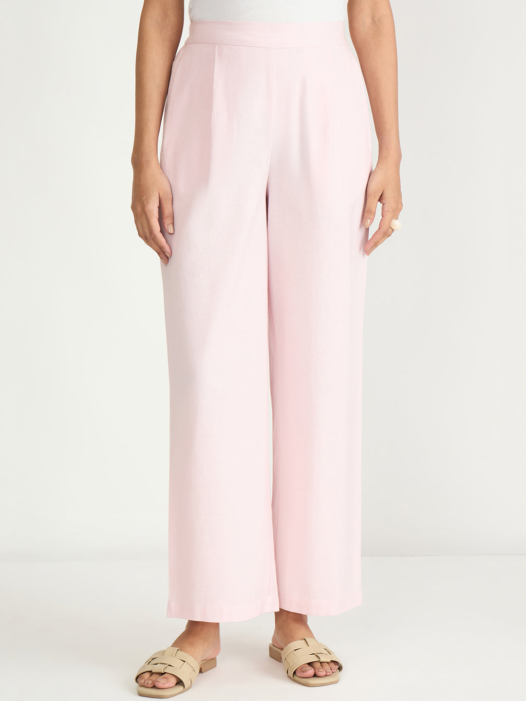 Baby Pink Cotton Linen Straight Pants