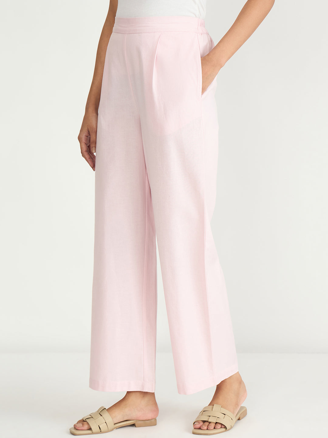 Baby Pink Cotton Linen Straight Pants