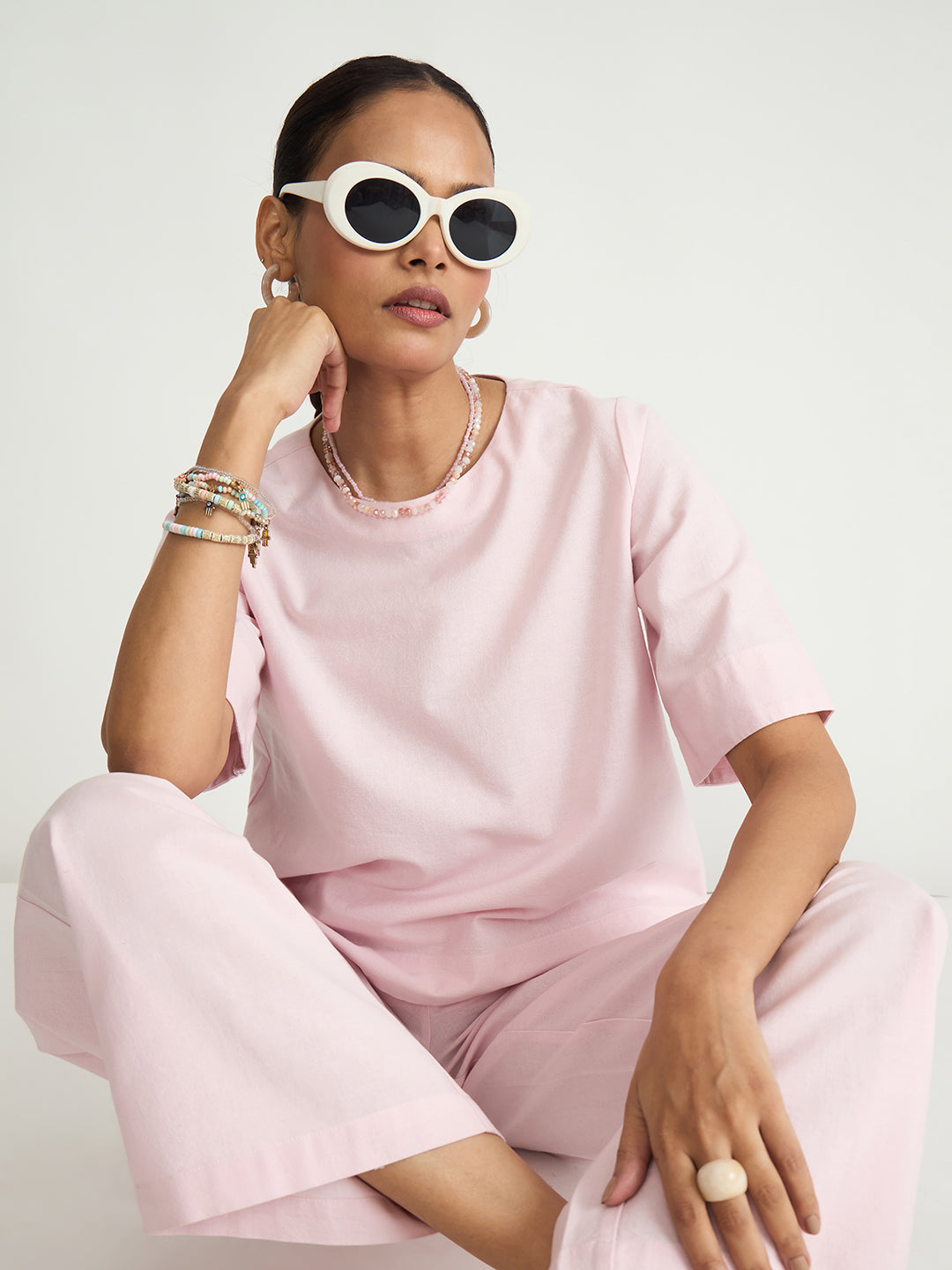 Baby Pink Cotton Linen Straight Pants