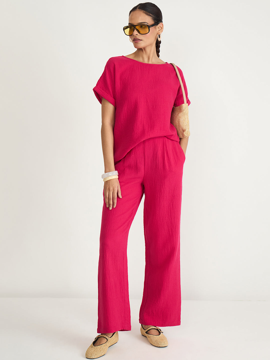 Pink Cotton Gauze  Round Neck Co-Ord Set