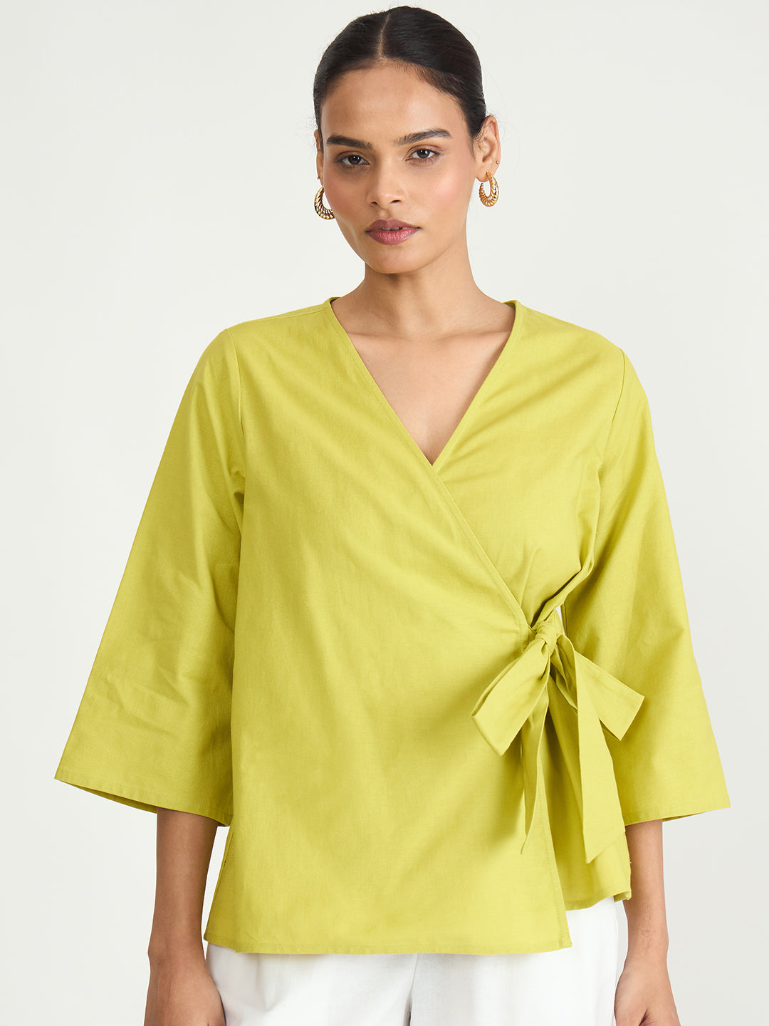Citrine Green Cotton Linen Wrap Top