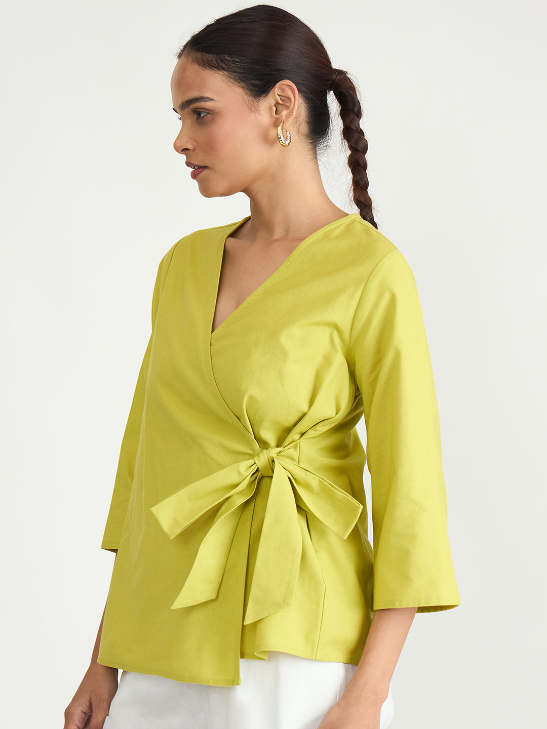 Citrine Green Cotton Linen Wrap Top