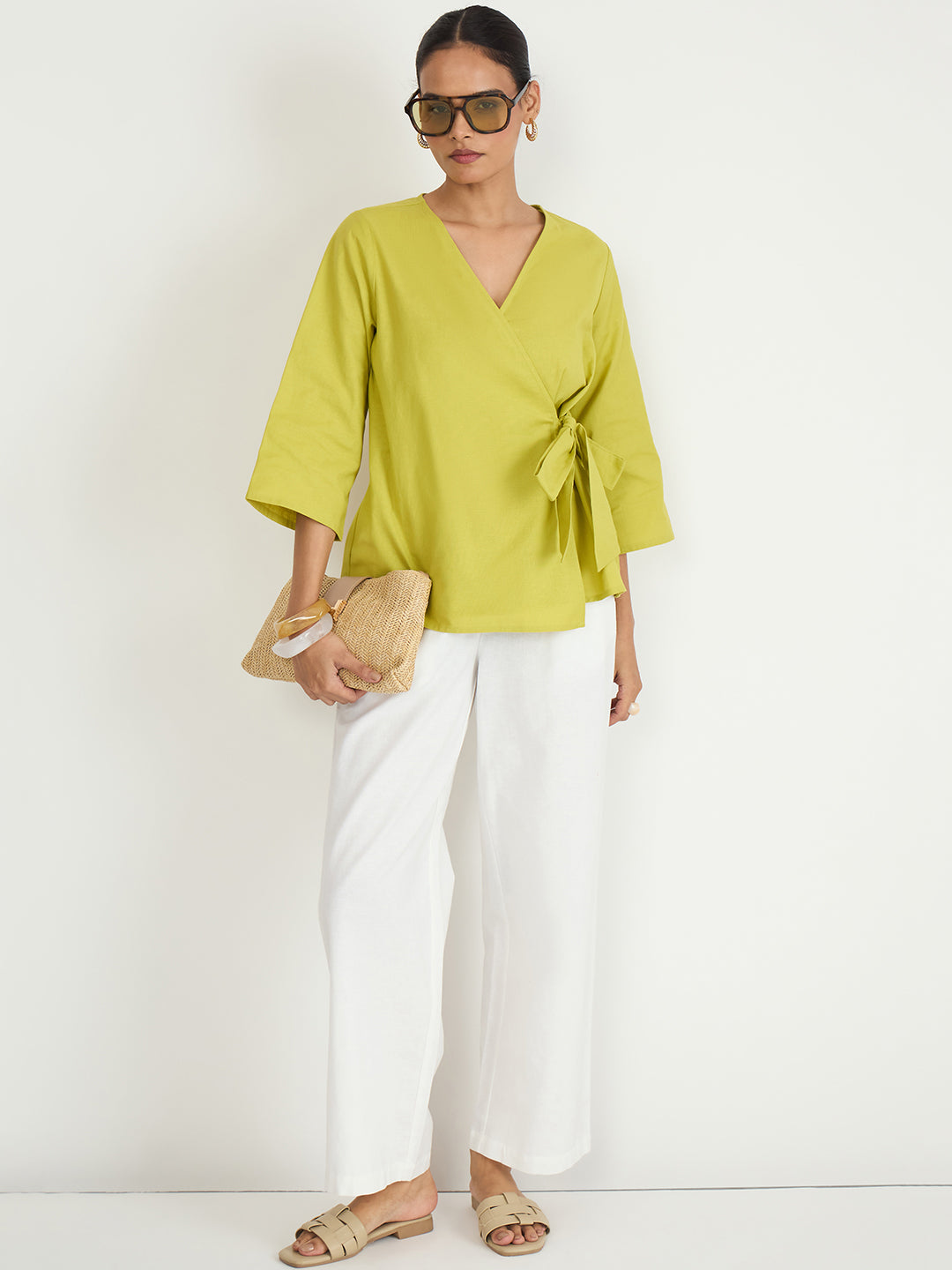 Citrine Green Cotton Linen Wrap Top