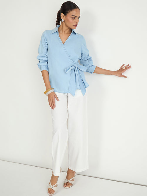 Light Blue Denim Wrap Top