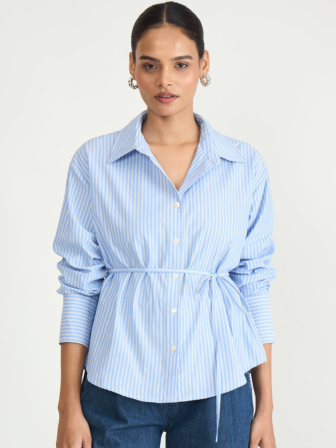 Blue Stripe Tie-Up Belt Shirt