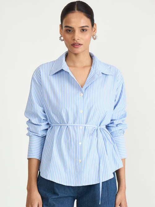 Blue Stripe Tie-Up Belt Shirt