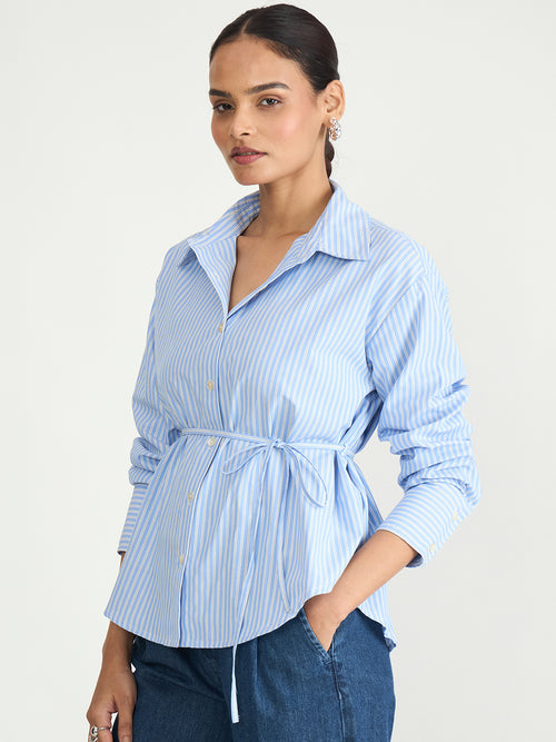 Blue Stripe Tie-Up Belt Shirt