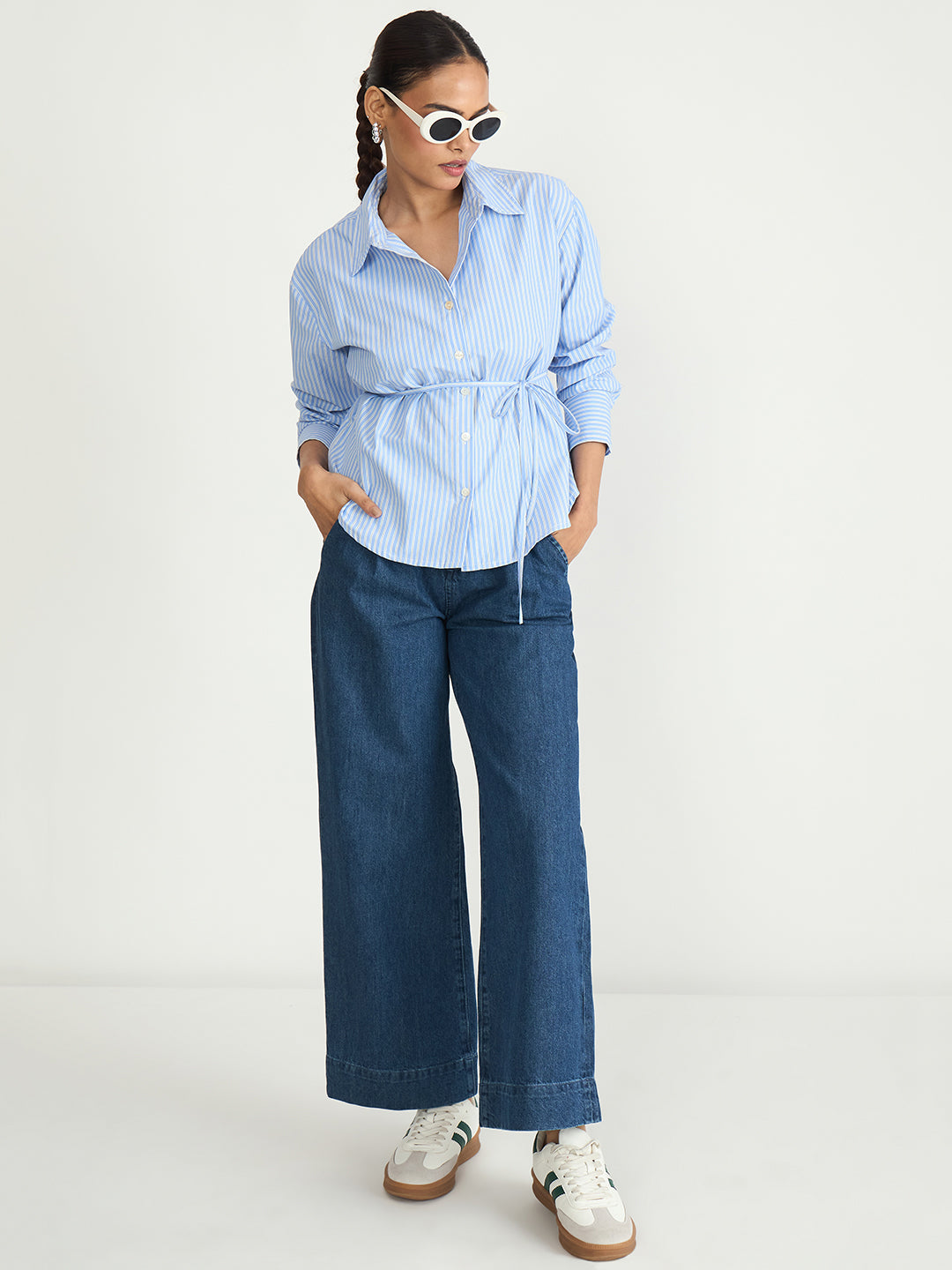 Blue Stripe Tie-Up Belt Shirt