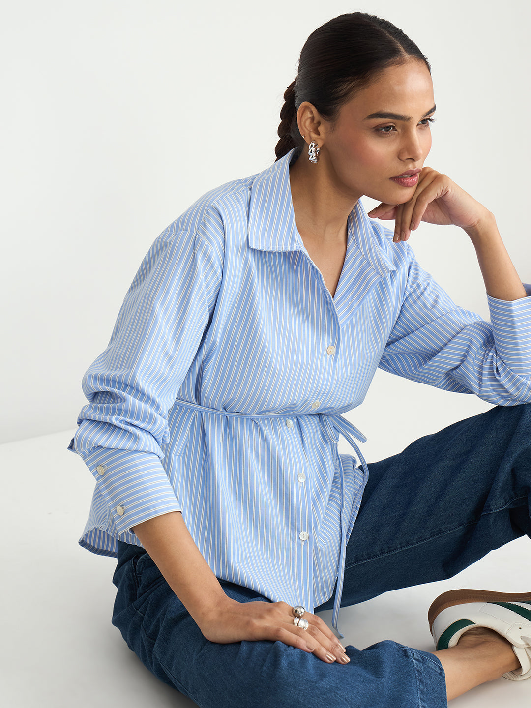 Blue Stripe Tie-Up Belt Shirt
