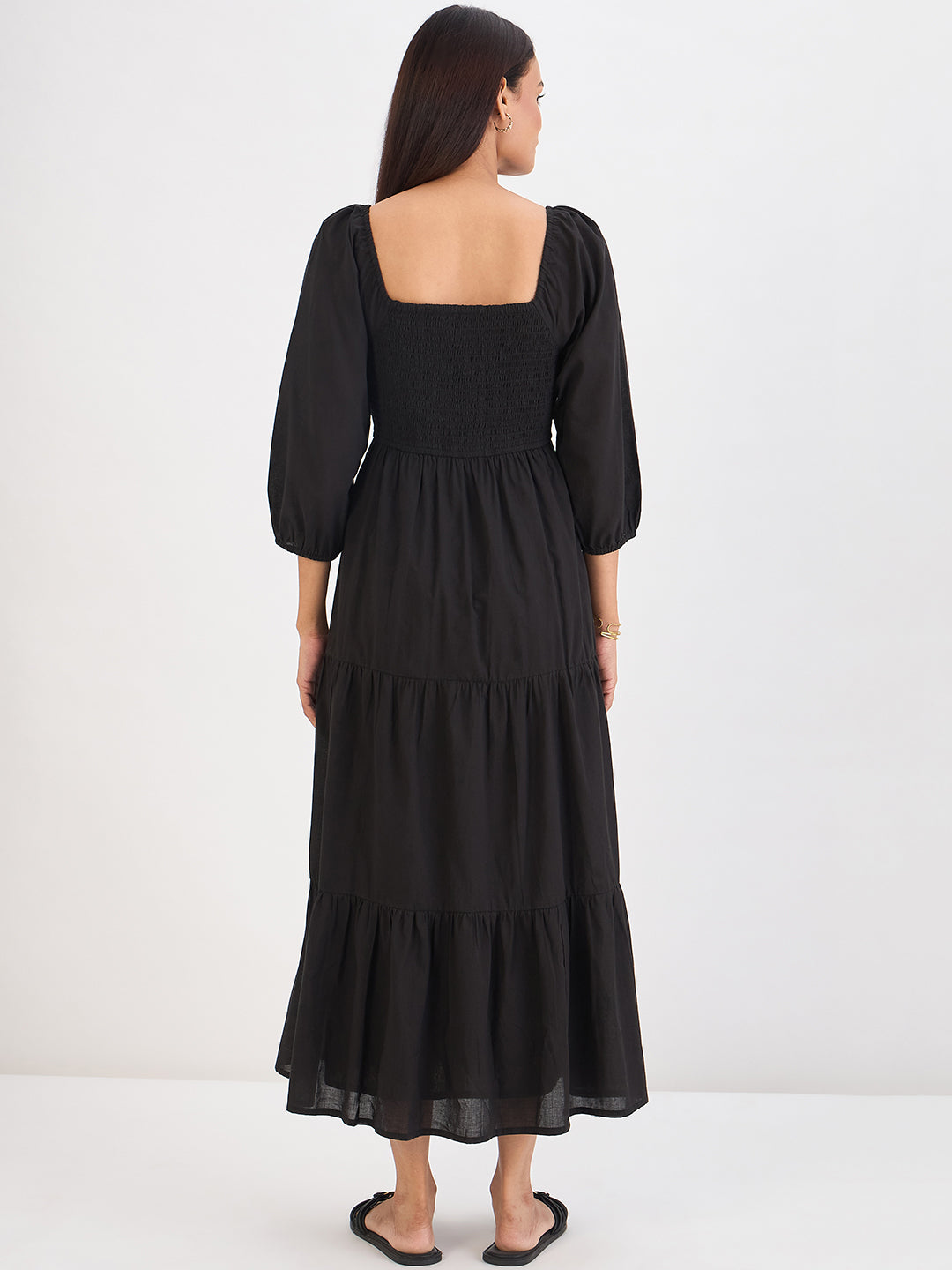 Black Cotton Smocked Tiered Maxi Dress