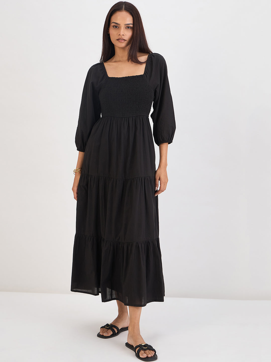 Black Cotton Smocked Tiered Maxi Dress