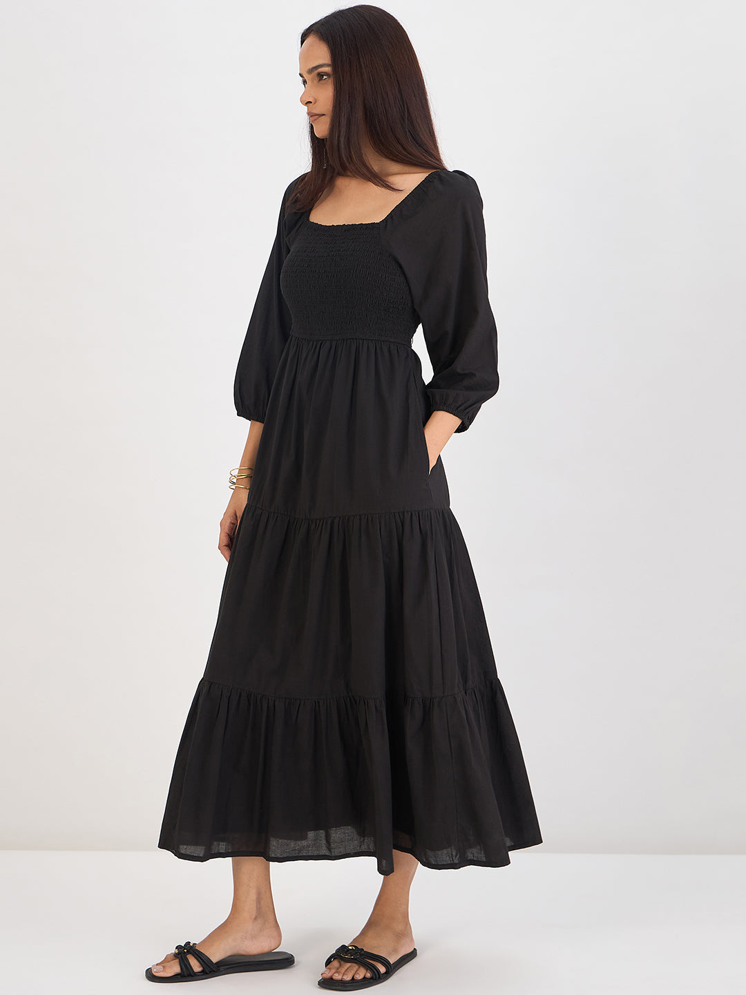 Black Cotton Smocked Tiered Maxi Dress