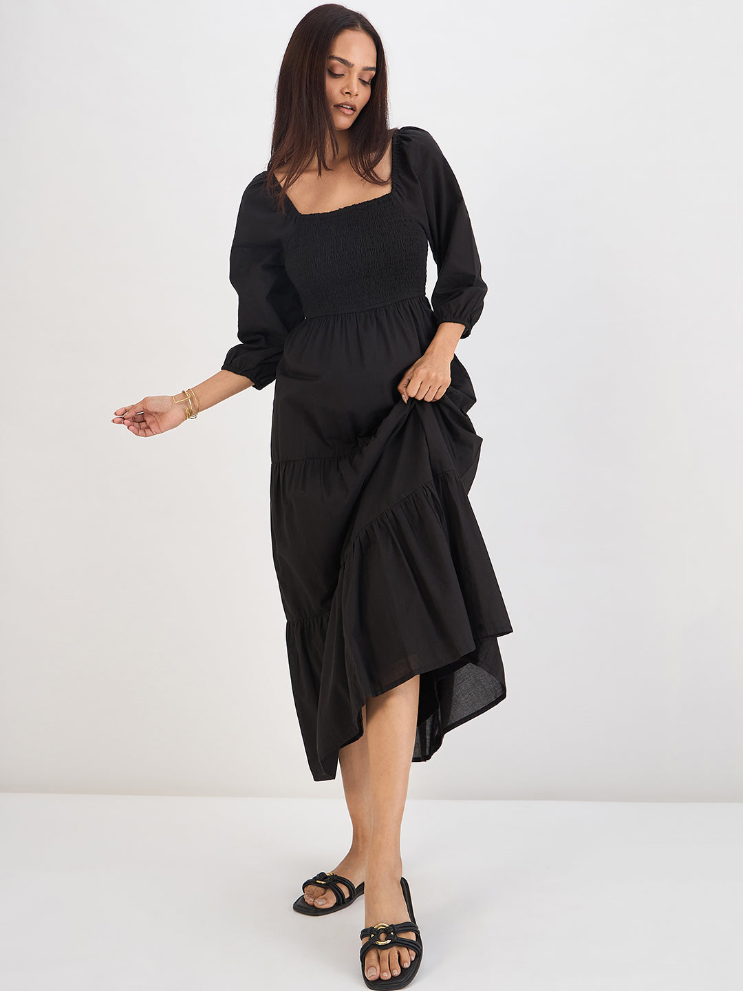 Black Cotton Smocked Tiered Maxi Dress