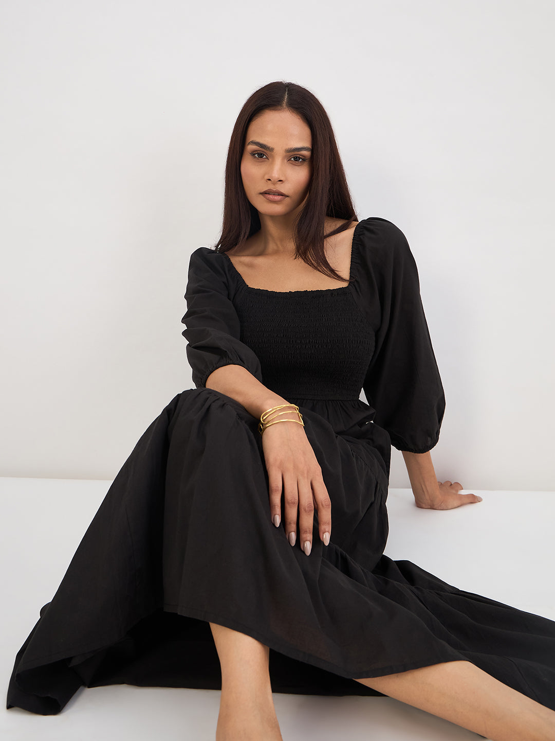 Black Cotton Smocked Tiered Maxi Dress