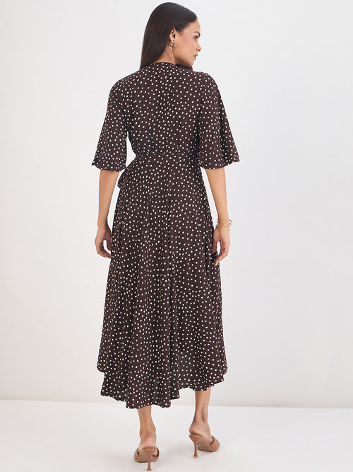 Brown Polka Wrap Midi Dress