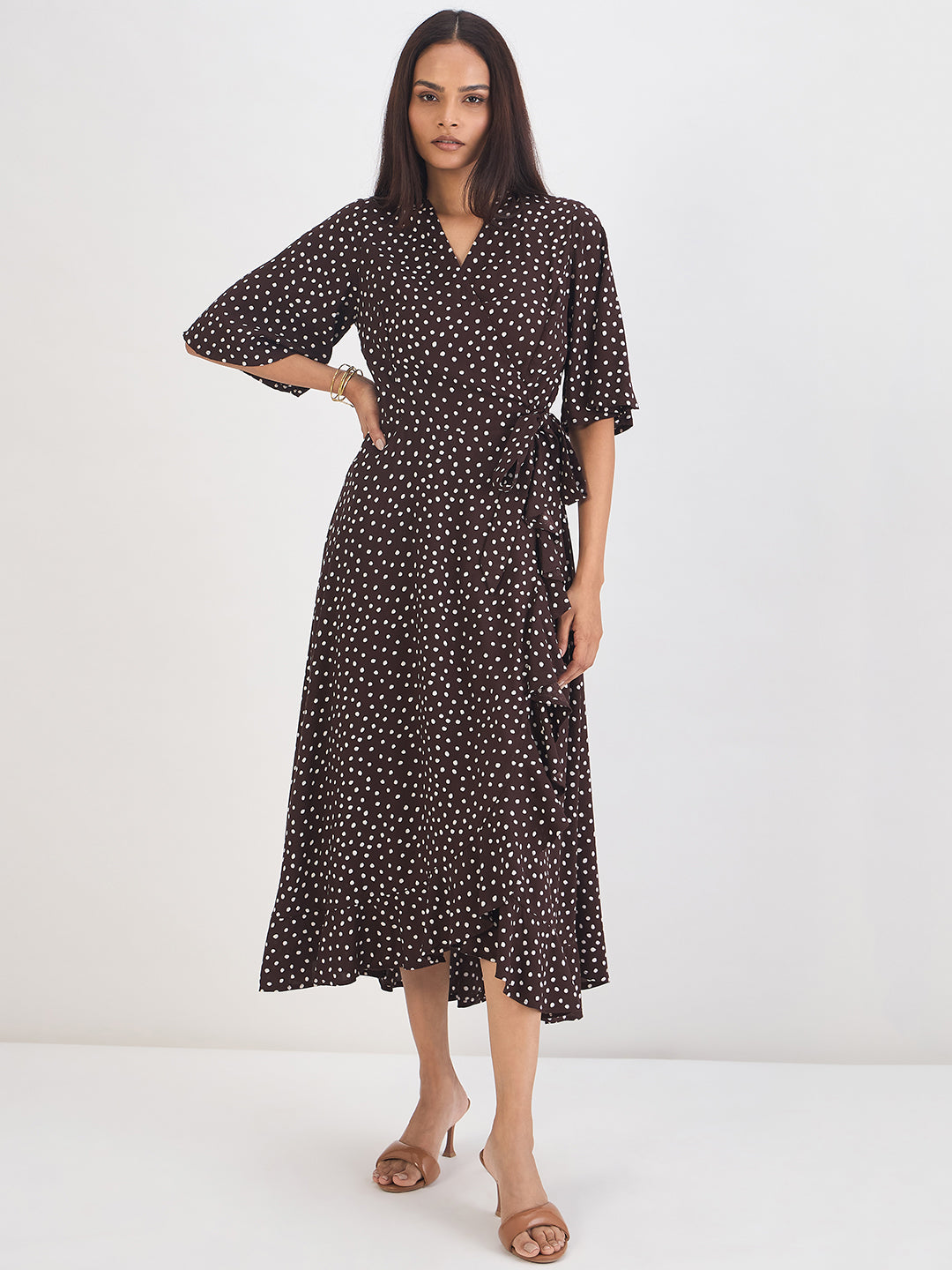 Brown Polka Wrap Midi Dress