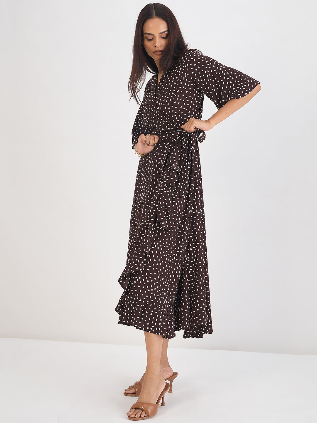 Brown Polka Wrap Midi Dress