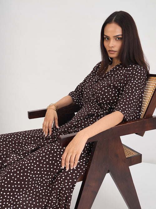 Brown Polka Wrap Midi Dress