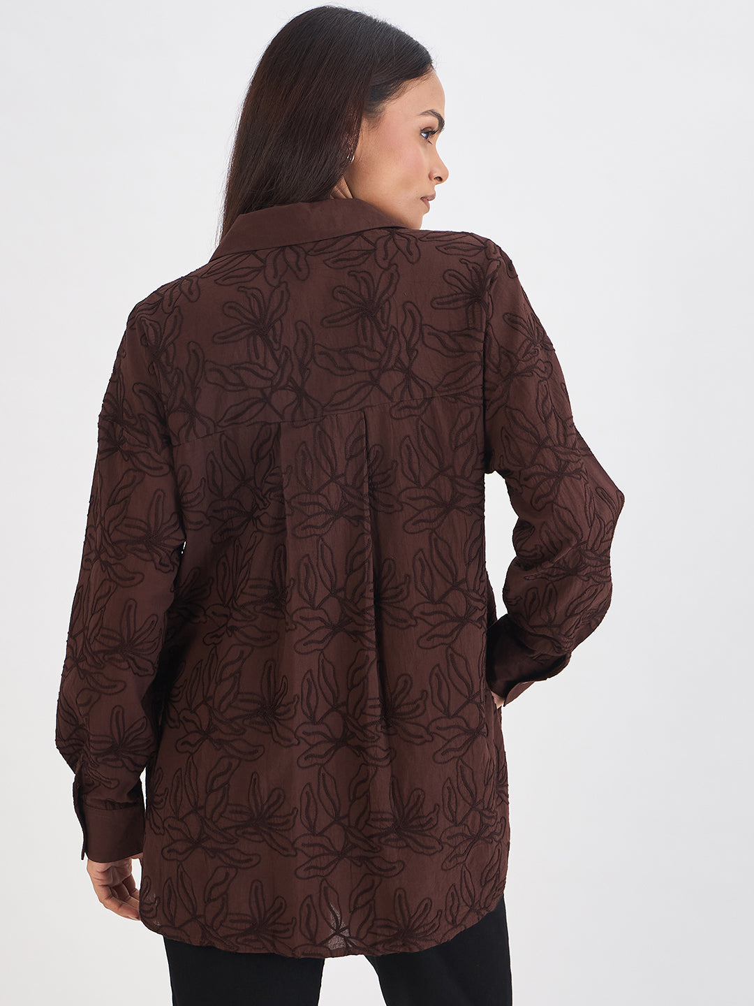 Coffee Brown Embroidered Cotton Shirt