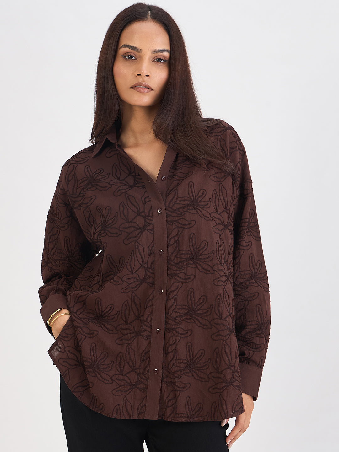 Coffee Brown Embroidered Cotton Shirt
