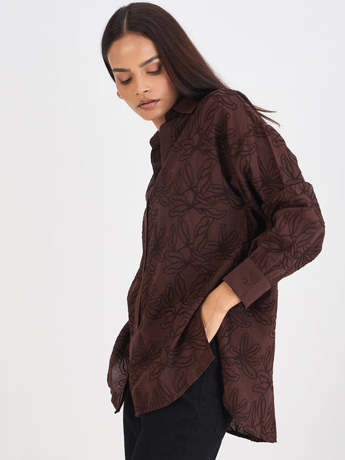 Coffee Brown Embroidered Cotton Shirt