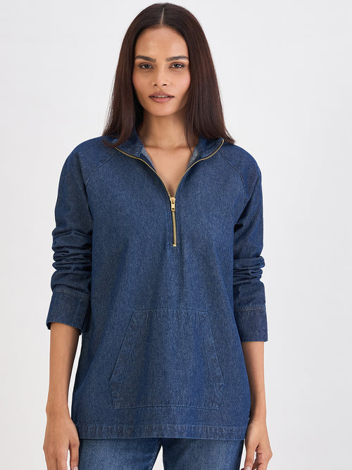 Navy Blue Denim Zip-Up Top